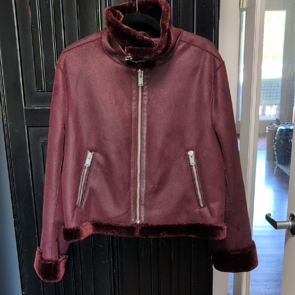 Anthropologie Deep Burgundy faux Sheepskin Bomber Jacket L